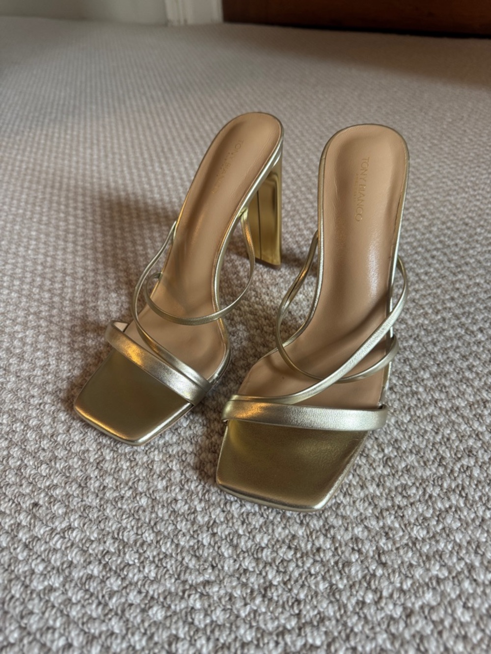 Tony Bianco Metallic Gold Square Toe Strappy Block Heels - Never Worn